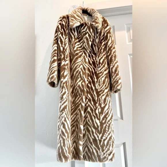 Gorsuch faux brown zebra fur long coat 14/XL - Picture 1 of 12